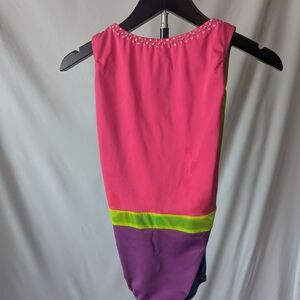 Colorblock Pink, Lime & Purple Leotard with Beaded Neckline